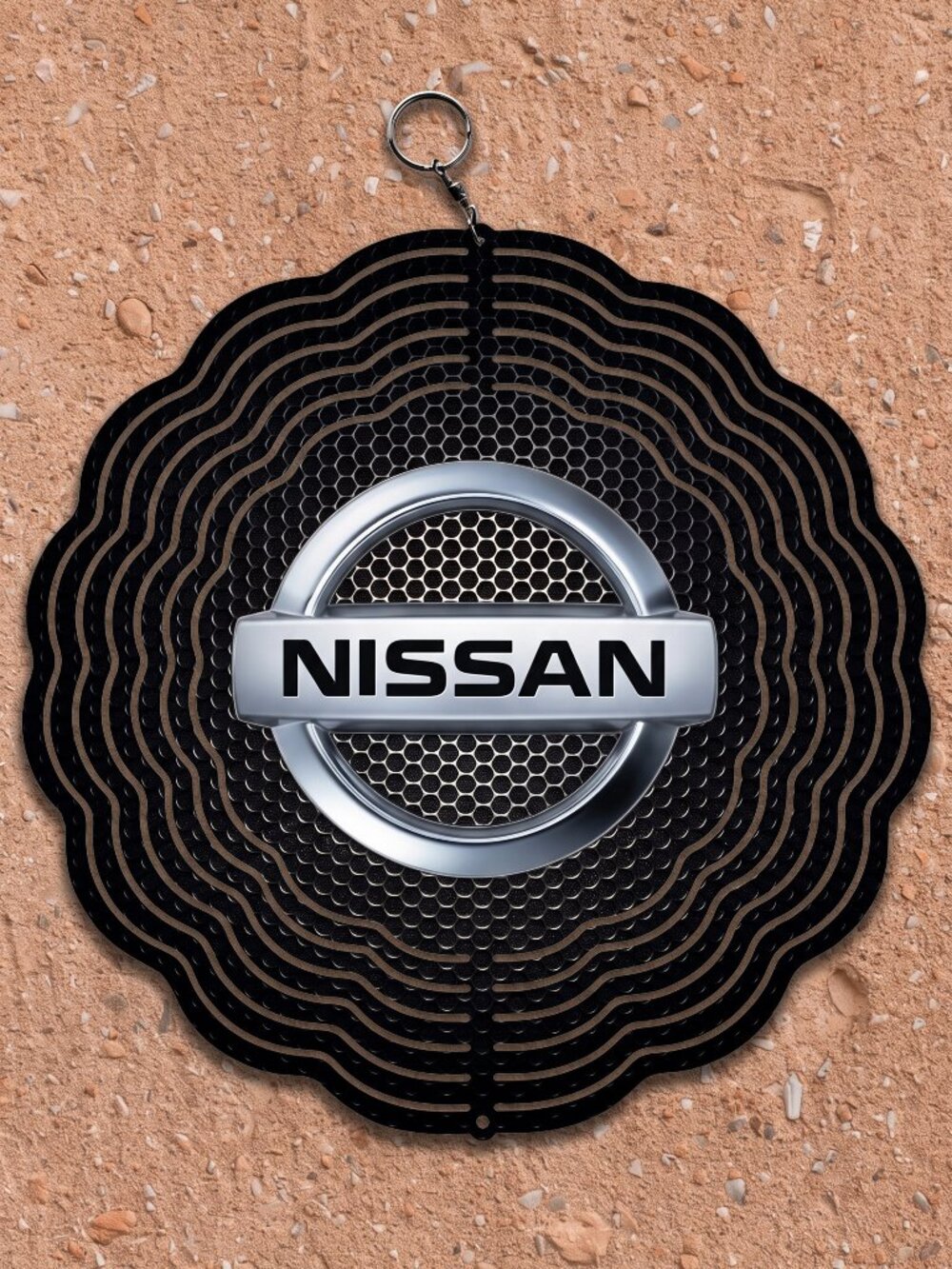 10" Nissan Logo Kinetic Wind Spinner - Black Honeycomb Metal Yard Decor